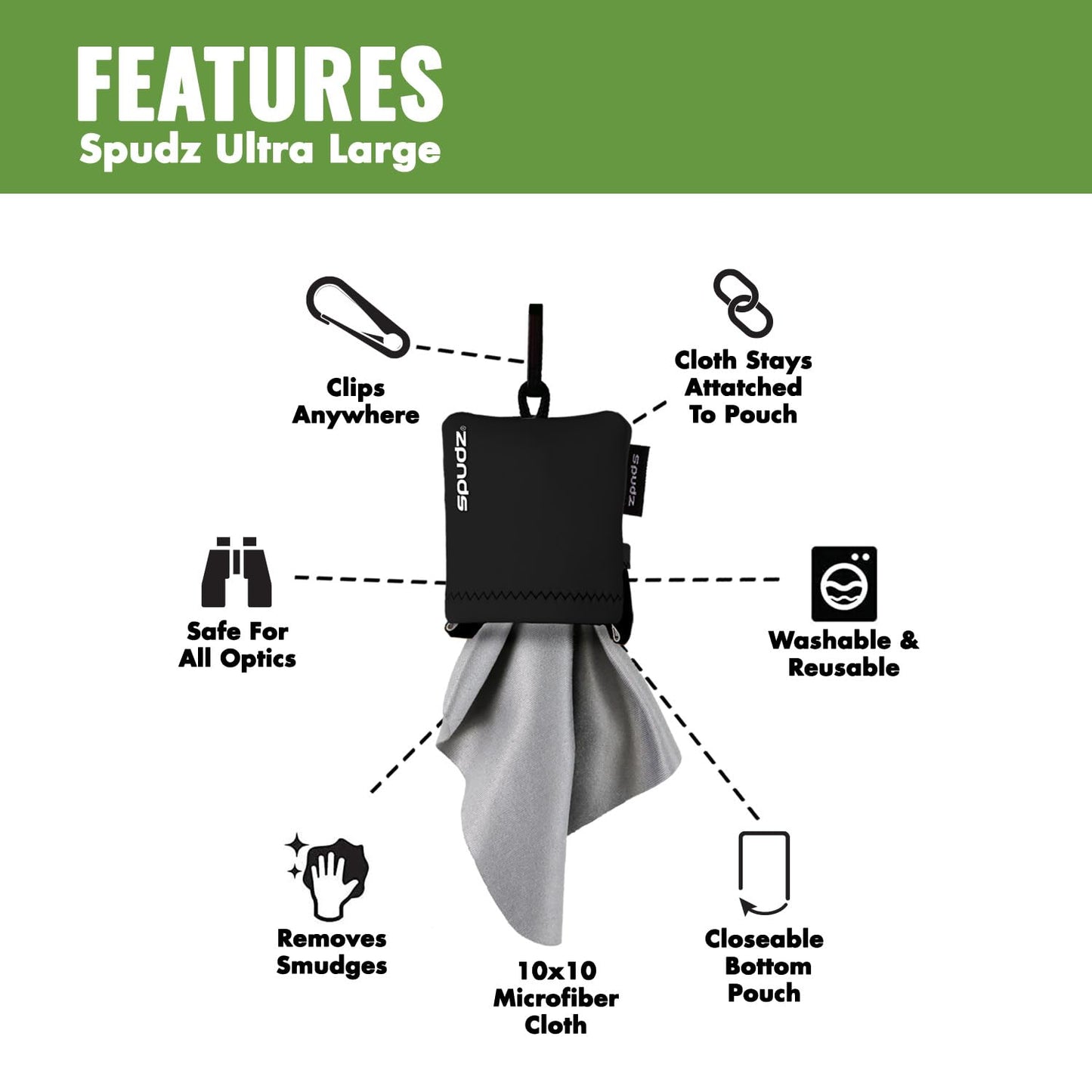 SPUDZ Ultra Microfiber Lens Cleaner – Closable Pouch, Clip-On, 10 x 10 Inch | Stealth Shadow