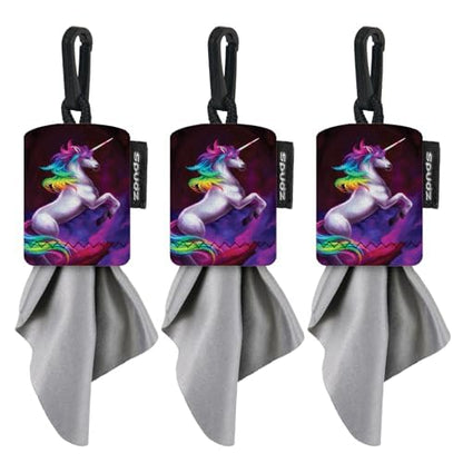 SPUDZ Classic Microfiber Lens Cleaner – Clip-On Pouch, Washable – for Binoculars, Scopes, Glasses, Screens | Vibrant Unicorn, 6 x 6 Inch (3-Pack)