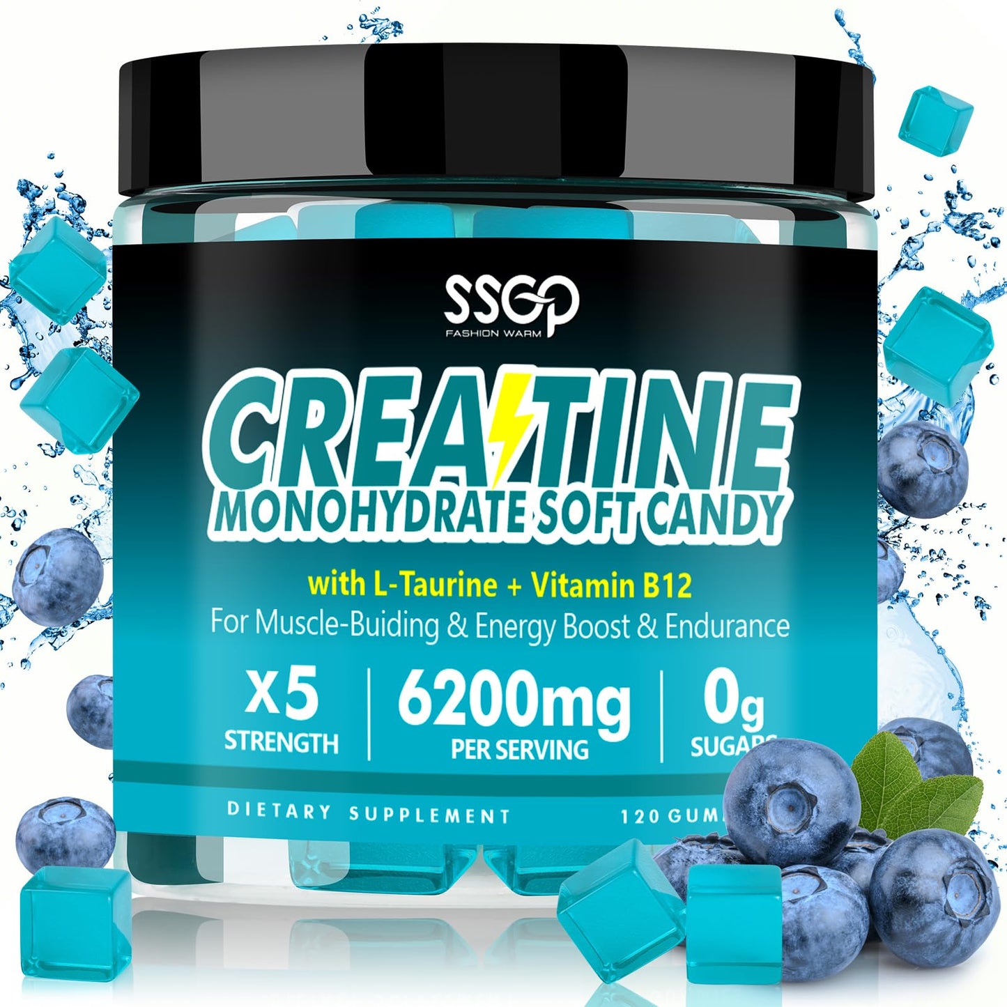 SSGP Creatine Monohydrate Gummies – Blueberry, 120ct with L-Taurine & B12 (Vegan, Sugar-Free)