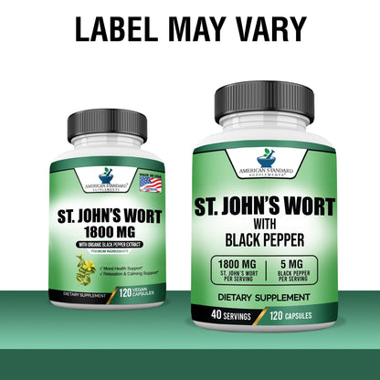 St. John’s Wort 1800mg per Serving + Black Pepper Extract – 120 Vegan Capsules | American Standard Supplements
