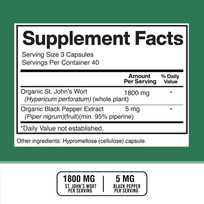St. John’s Wort 1800mg per Serving + Black Pepper Extract – 120 Vegan Capsules | American Standard Supplements