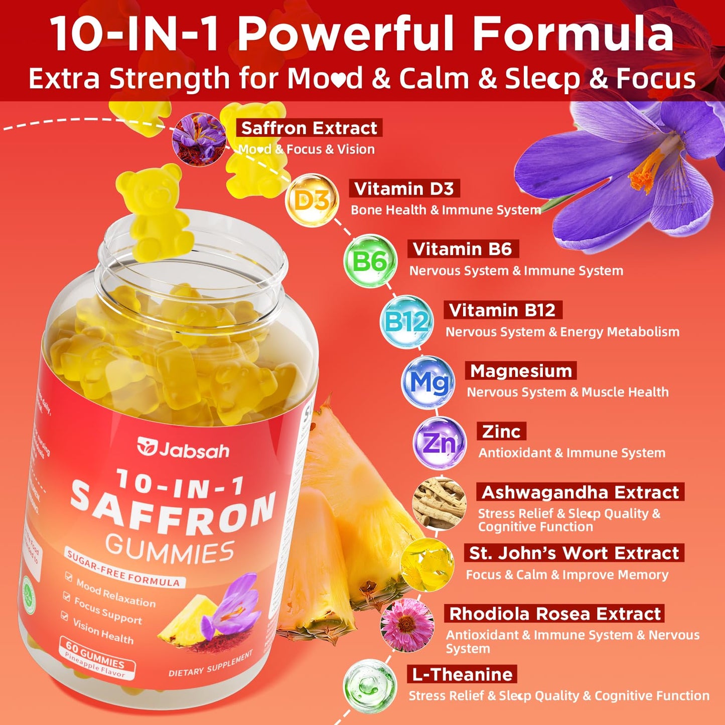 Melatonin-Free Saffron Gummies for Mood & Focus – 60 Count with 88.5 mg Saffron Extract, D3, B6, B12
