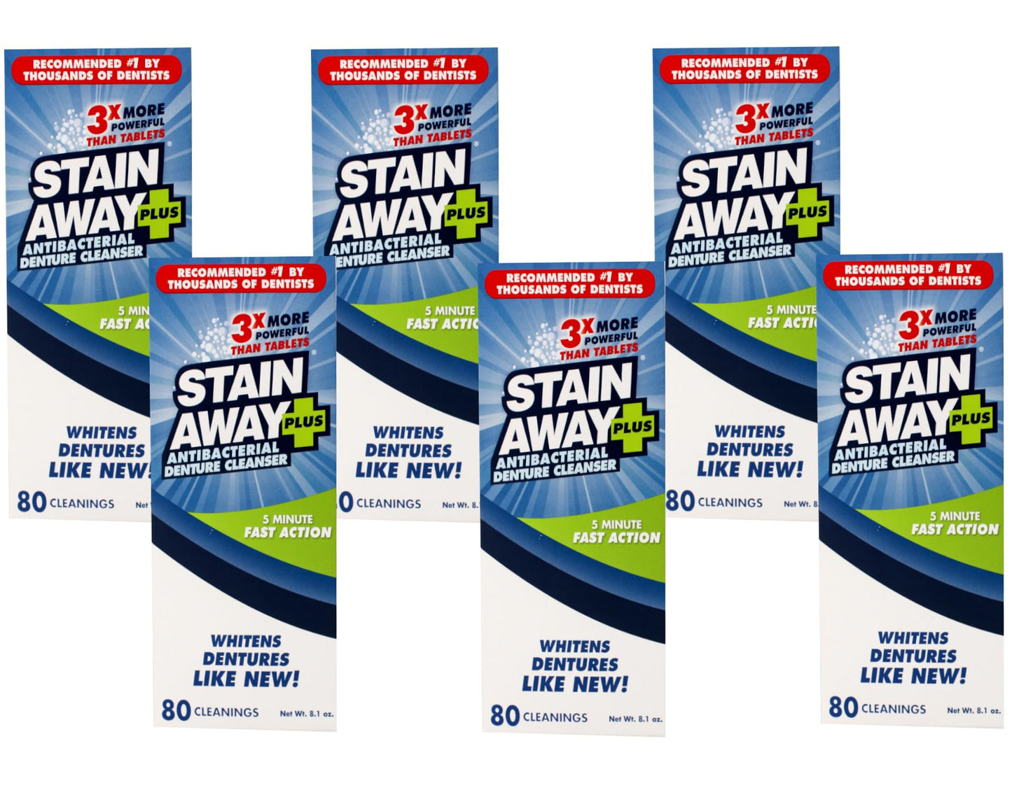 Stain Away Plus Denture Cleanser – 80 Cleanings, 8.1 oz, 5-Minute Fast Action (6-Pack)