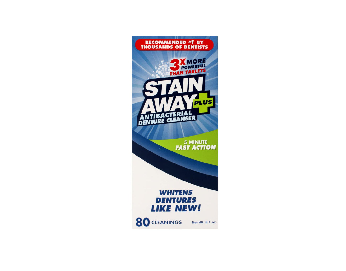Stain Away Plus Denture Cleanser – 80 Cleanings, 8.1 oz, 5-Minute Fast Action (6-Pack)