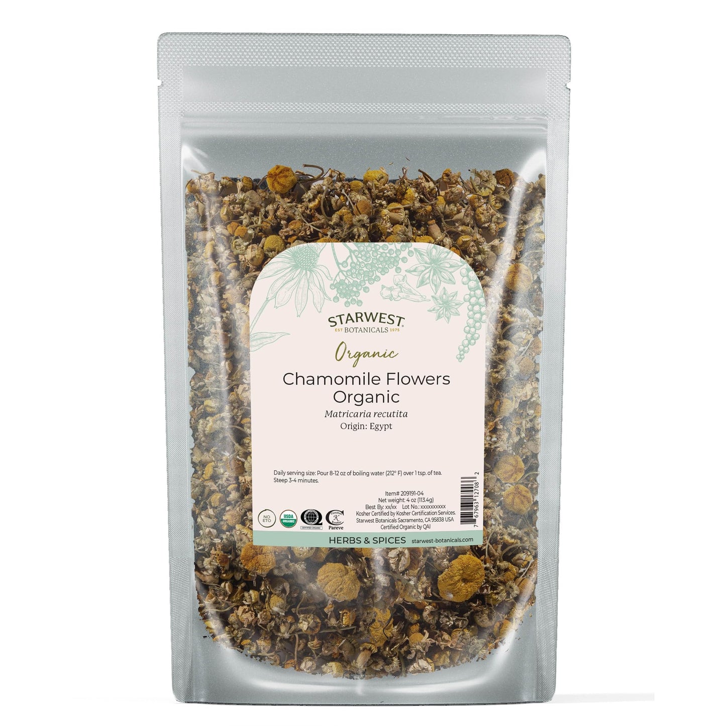 Starwest Botanicals Organic Chamomile Flowers Whole - 4 oz Pouch | Kosher, Non-GMO, Egypt