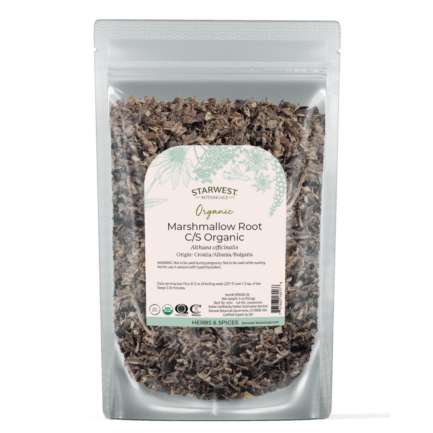 Starwest Botanicals Organic Marshmallow Root – Dried Herb for Tea, Kosher & Non-GMO – 4 oz Pouch
