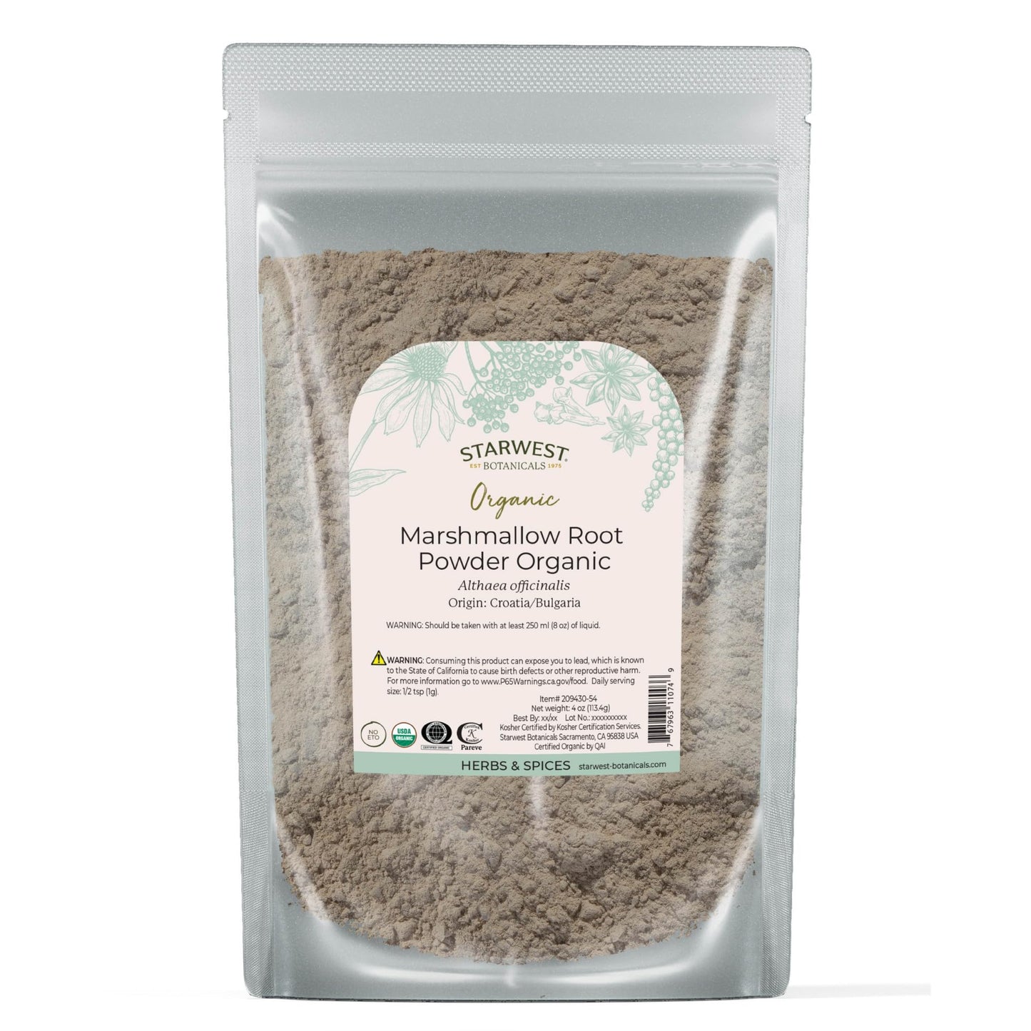 Starwest Organic Marshmallow Root Powder - 4 oz Pouch, Kosher, Non-GMO