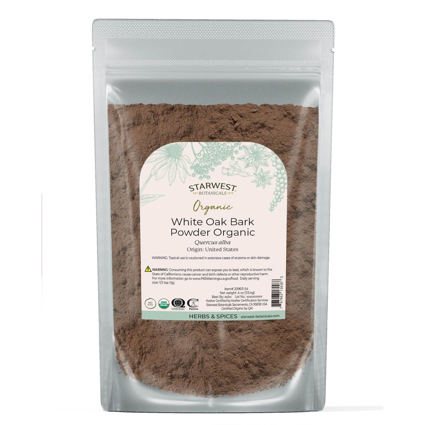 Starwest Botanicals White Oak Bark Powder Organic – 4 oz Pouch
