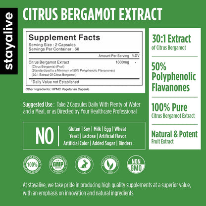 STAY ALIVE Citrus Bergamot 1000mg Capsules - 30:1 Extract, 120 Capsules | Heart Health, Non-GMO, Gluten-Free