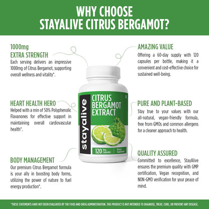 STAY ALIVE Citrus Bergamot 1000mg Capsules - 30:1 Extract, 120 Capsules | Heart Health, Non-GMO, Gluten-Free