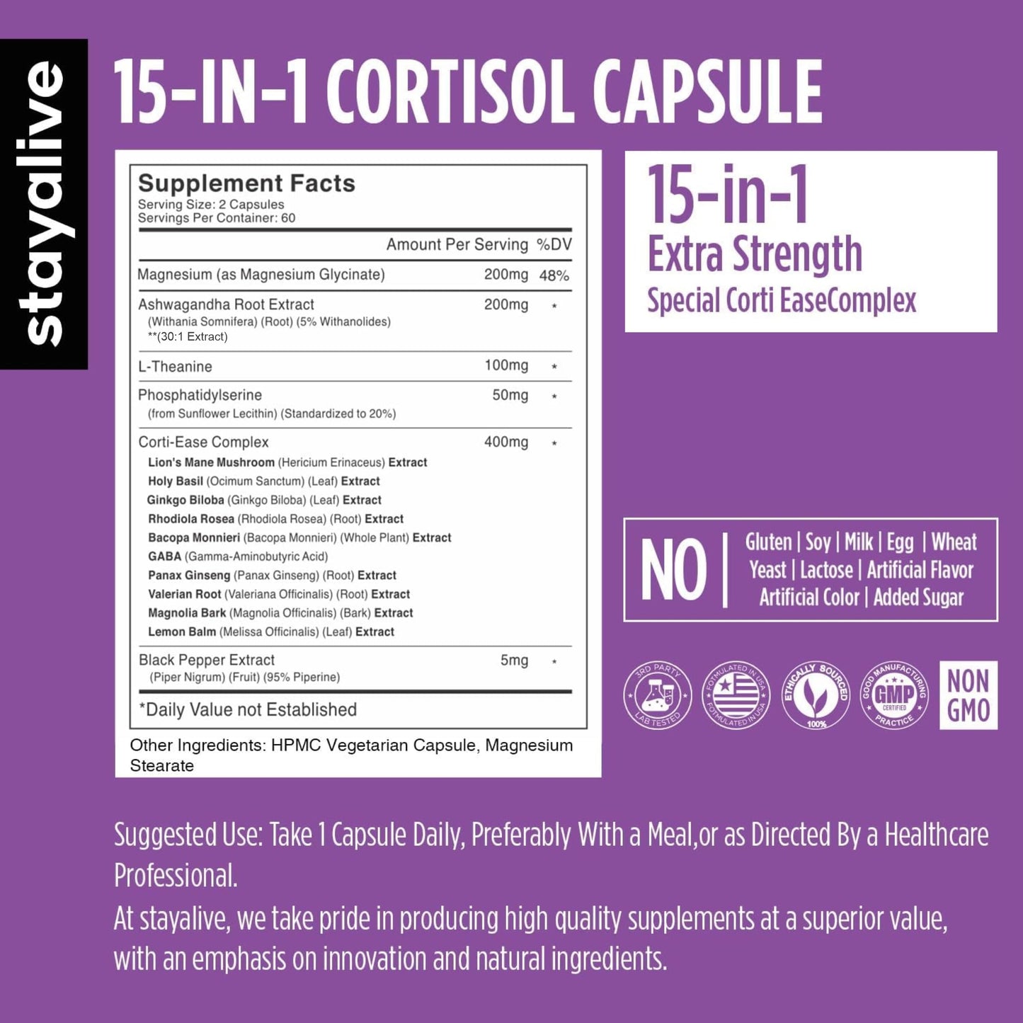 STAY ALIVE: 15-in-1 Cortisol Manager Supplement – 120 Vegan Capsules, Non-GMO & Gluten-Free