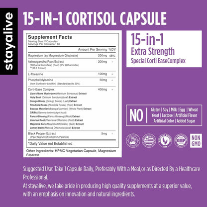 STAY ALIVE: 15-in-1 Cortisol Manager Supplement – 120 Vegan Capsules, Non-GMO & Gluten-Free
