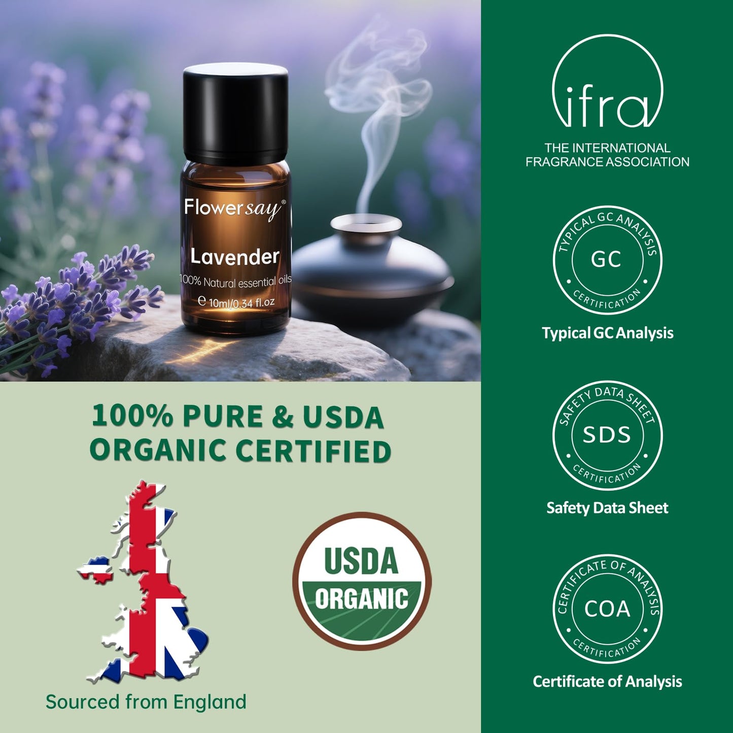 Organic Lavender Essential Oil - 100% Pure, Calming Aromatherapy Oil 10ml