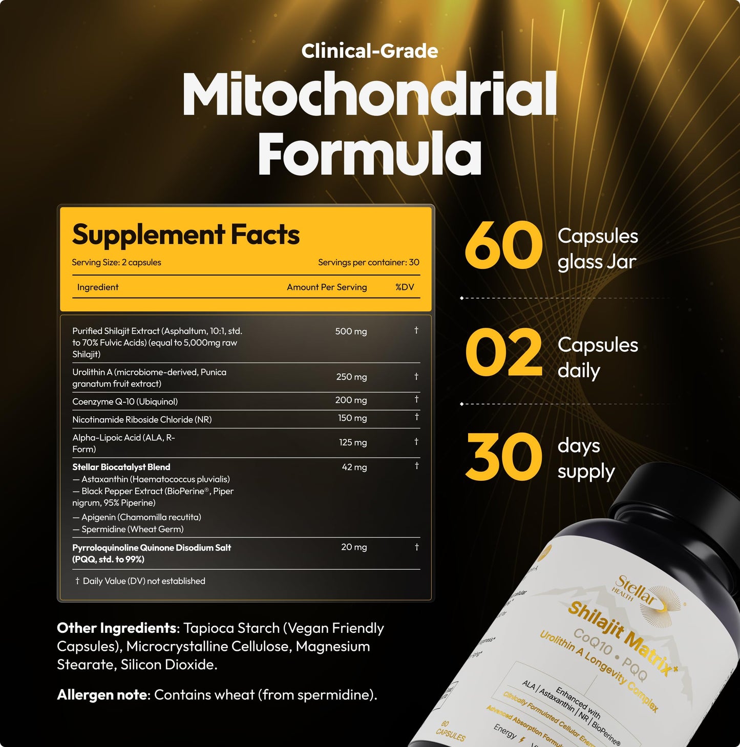 Stellar Health Clinical Mitochondrial Complex – Shilajit & NAD+ Booster with Ubiquinol CoQ10, NR, PQQ, ALA, Astaxanthin | 60 Vegan Capsules