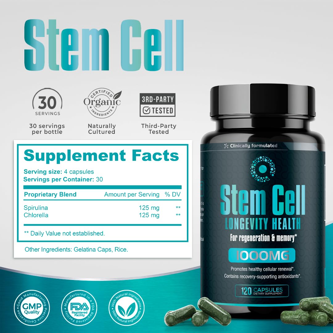 Premium Stem Cell Supplements 1,000mg (360 Caps) – Immunity, Joint Support & Anti-Aging | Spirulina & Chlorella
