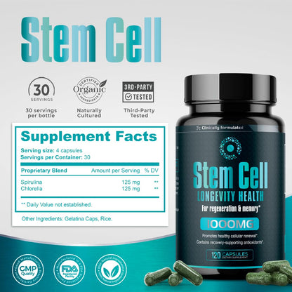 Premium Stem Cell Supplements 1,000mg (360 Caps) – Immunity, Joint Support & Anti-Aging | Spirulina & Chlorella
