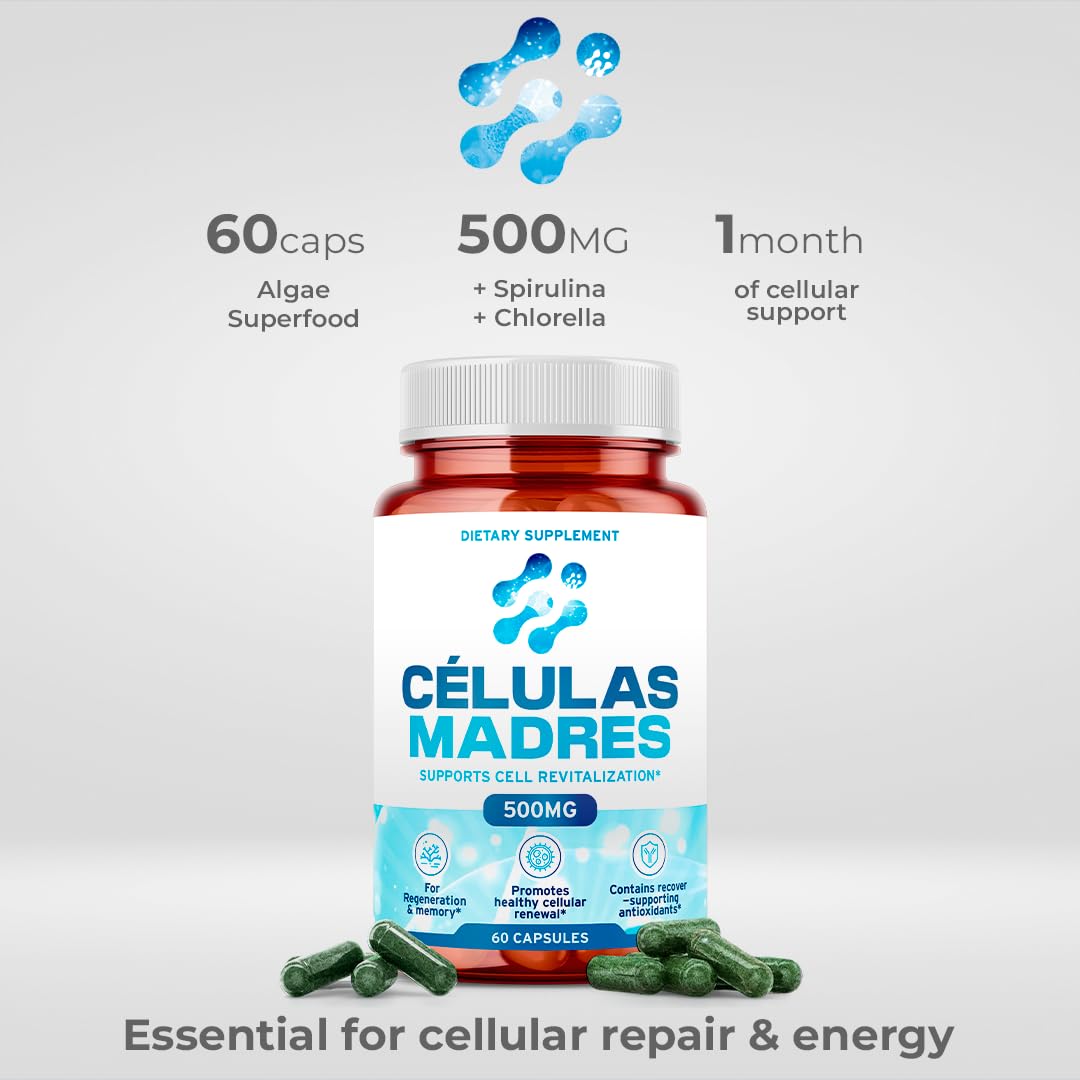 Stem Cell Supplements 500mg (180 Caps) – Anti-Aging & Longevity | Spirulina & Chlorella | Celulas Madre