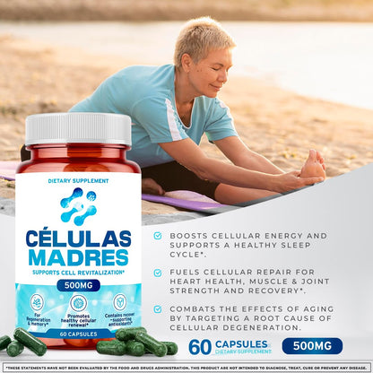 Stem Cell Supplements 500mg (180 Caps) – Anti-Aging & Longevity | Spirulina & Chlorella | Celulas Madre