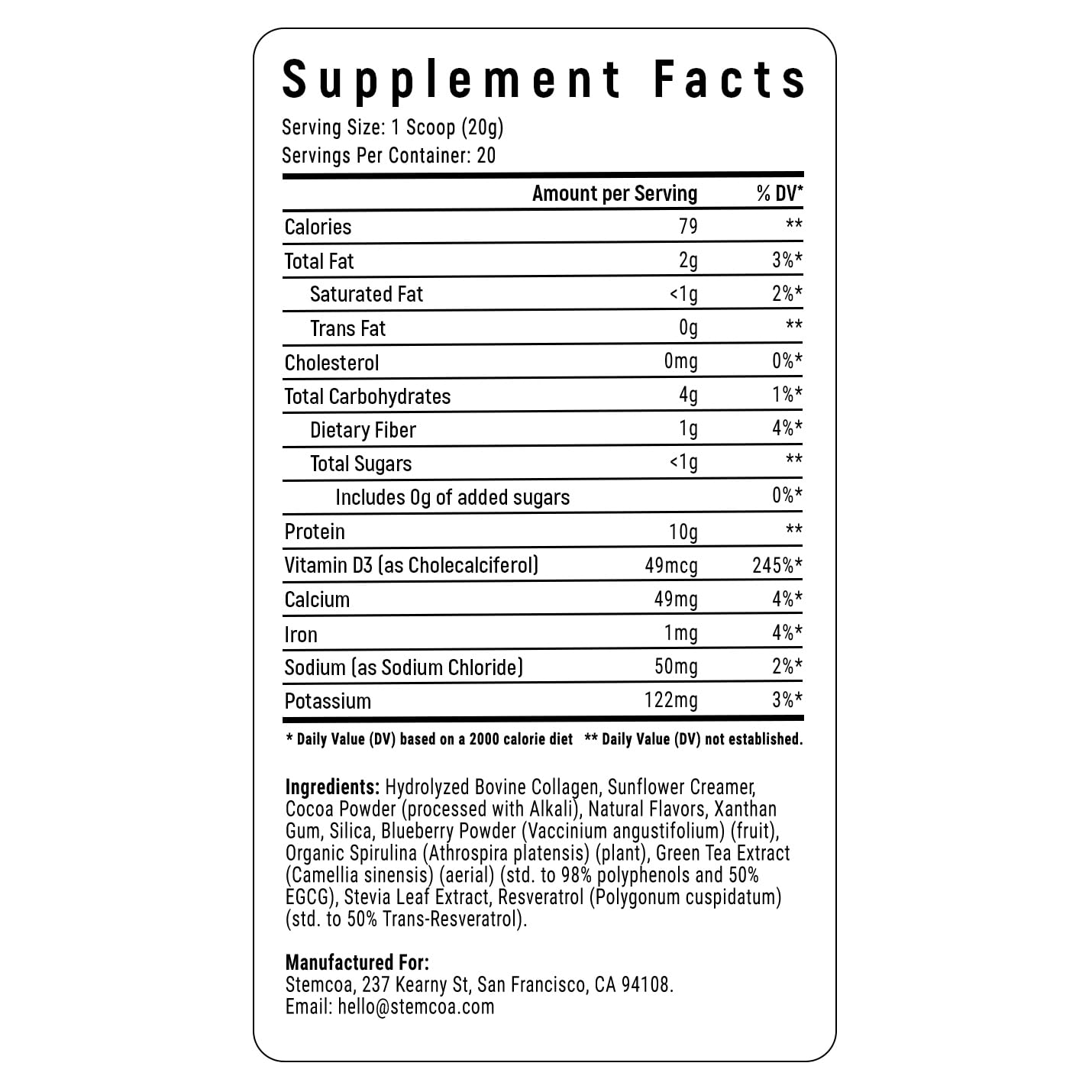 Stemcoa NCR1 - Natural Cellular Renewal & Rejuvenation | Collagen Powder, Milk Chocolate