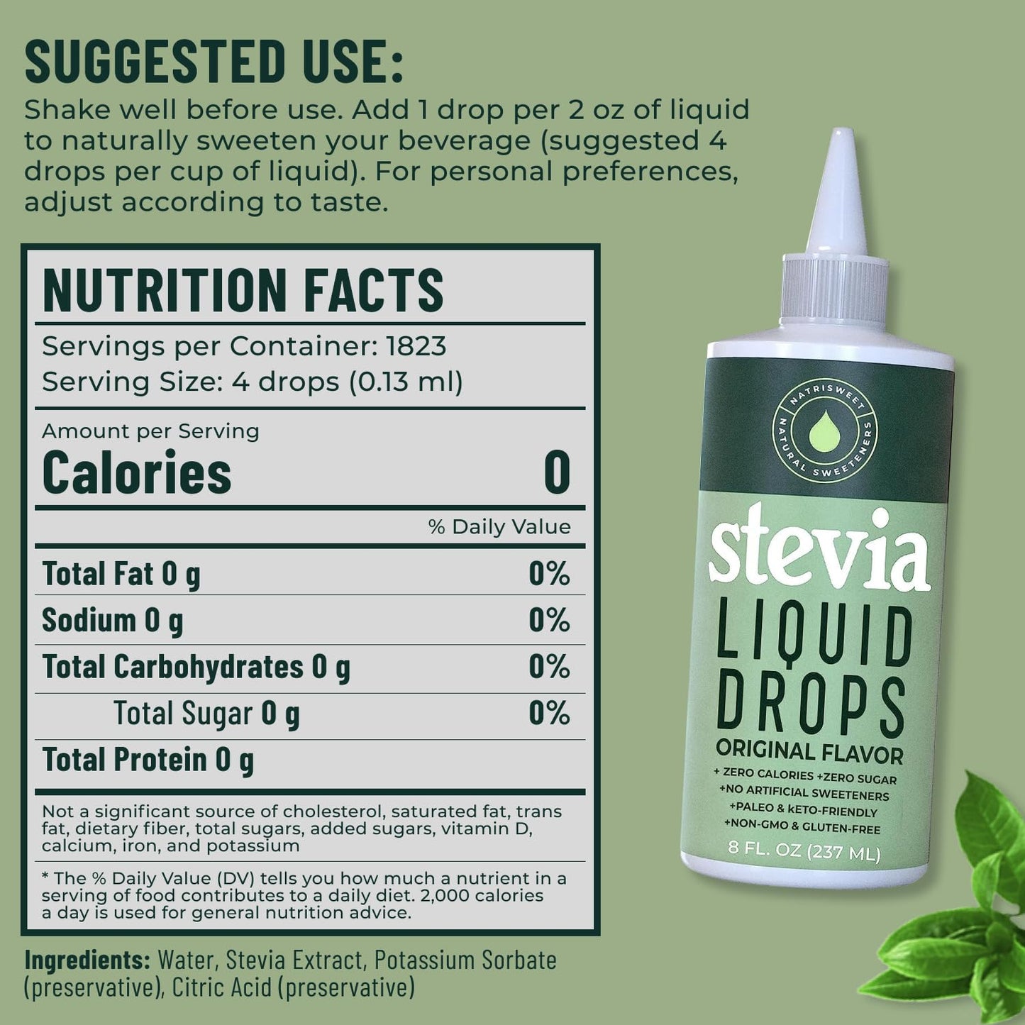 Stevia Liquid Drops – 8 oz, 1,823 Servings, Zero Calories | Natrisweet
