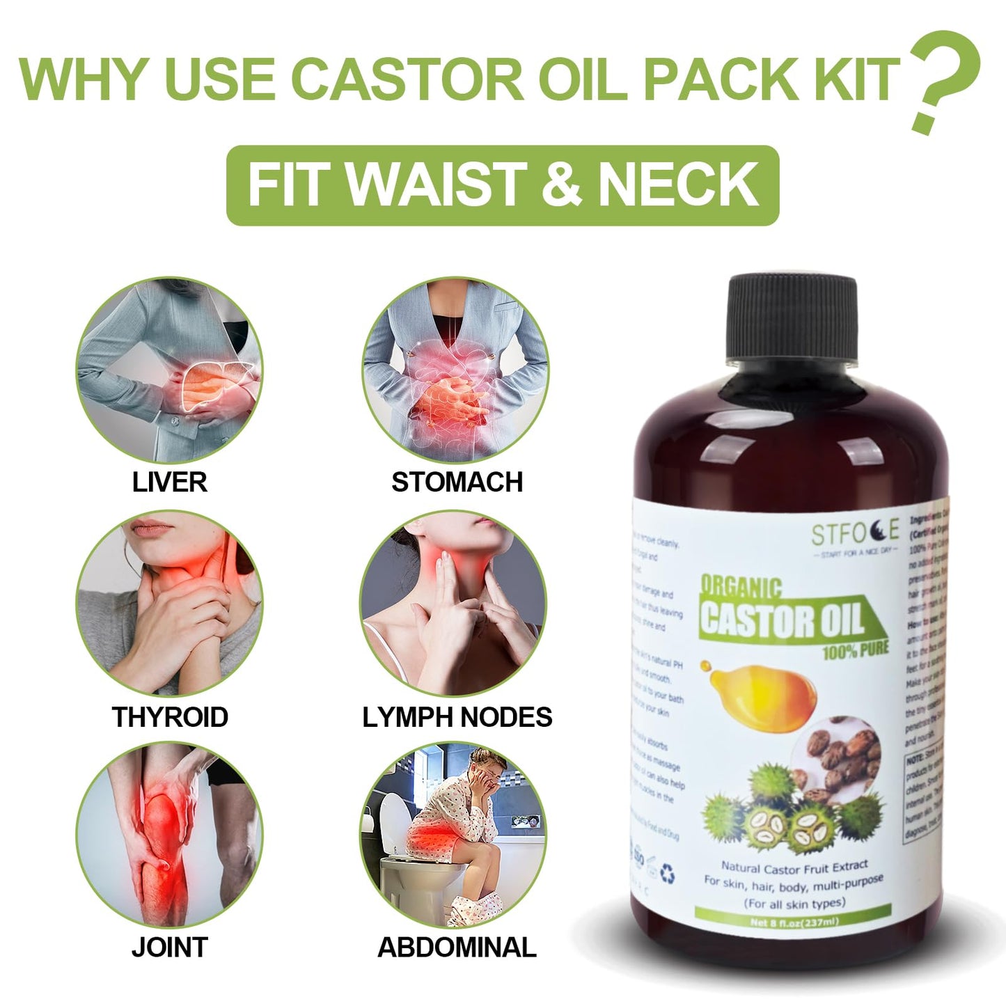 STFOCE 20pcs Castor Oil Pack Wrap – Self-Adhesive, Organic, No Leakage, No Wash, 7.9x5.5 in, Oil Included