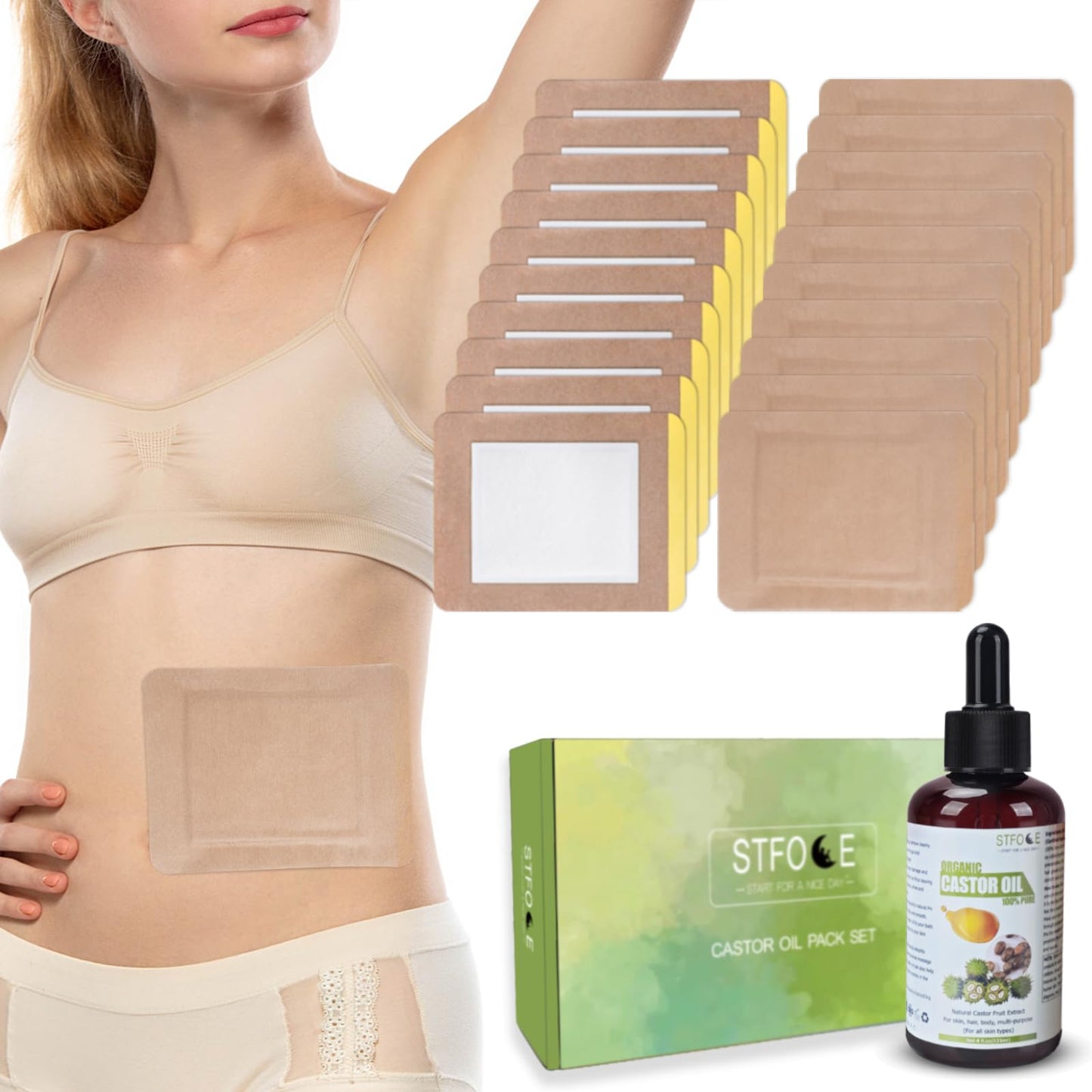 STFOCE 20Pcs Castor Oil Pack Wrap – Self-Adhesive, No Leakage, Portable – Organic Castor Oil (4fl.oz/125ml) for Home & Travel