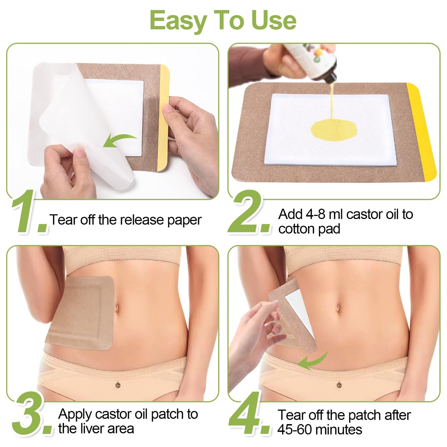 STFOCE 20Pcs Castor Oil Pack Wrap – Self-Adhesive, No Leakage, Portable – Organic Castor Oil (4fl.oz/125ml) for Home & Travel