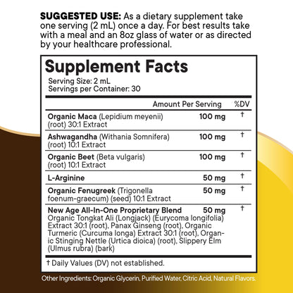 NEW AGE Organic Maca Root Liquid Drops with Ashwagandha, Nettle, Fenugreek, Beet Root & L-Arginine – 8oz
