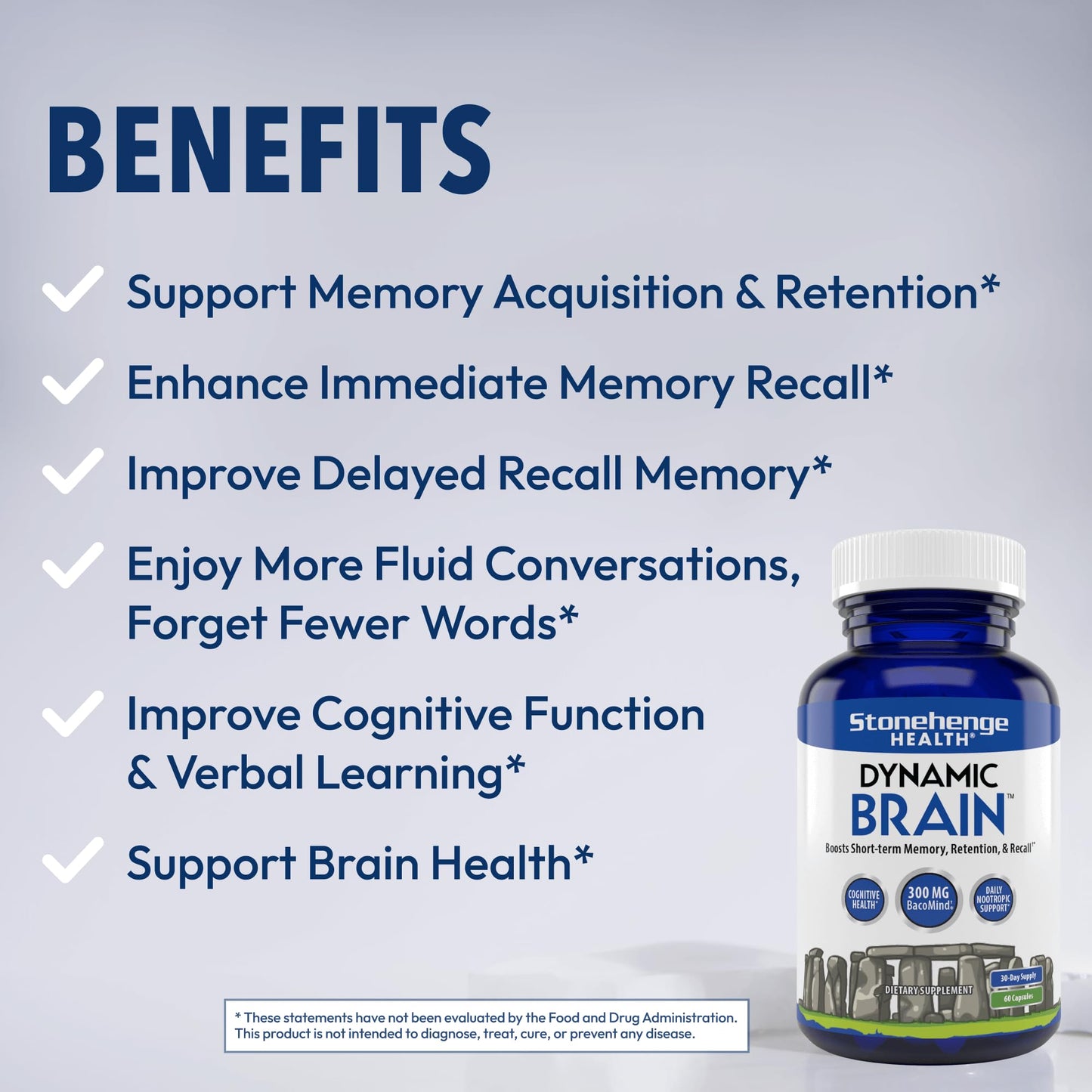 Stonehenge Health Dynamic Brain Supplement with BacoMind – Memory, Retention & Recall (40 Nootropics)