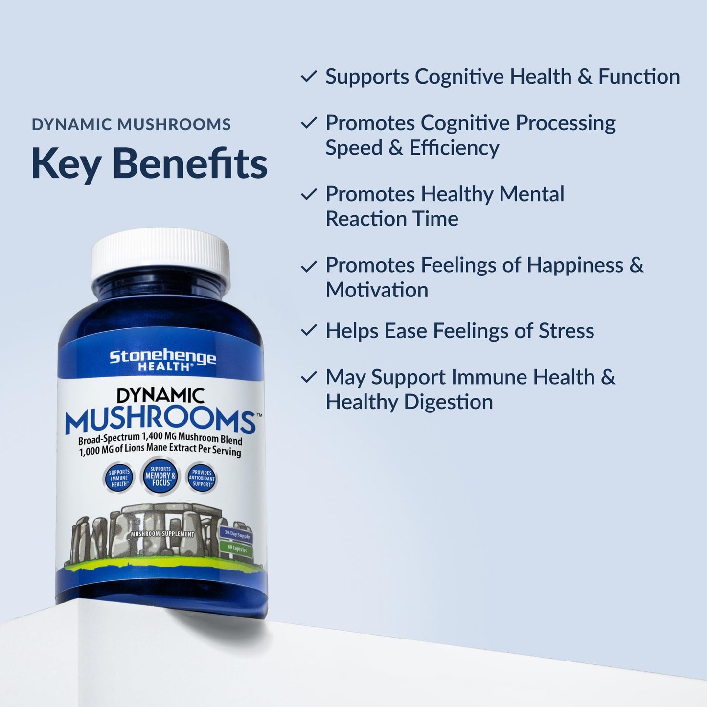 Stonehenge Dynamic Health Mushrooms 1,400 mg – 5 Mushroom Complex (Lion’s Mane, Reishi, Chaga, Maitake, Shiitake) – 60 Capsules