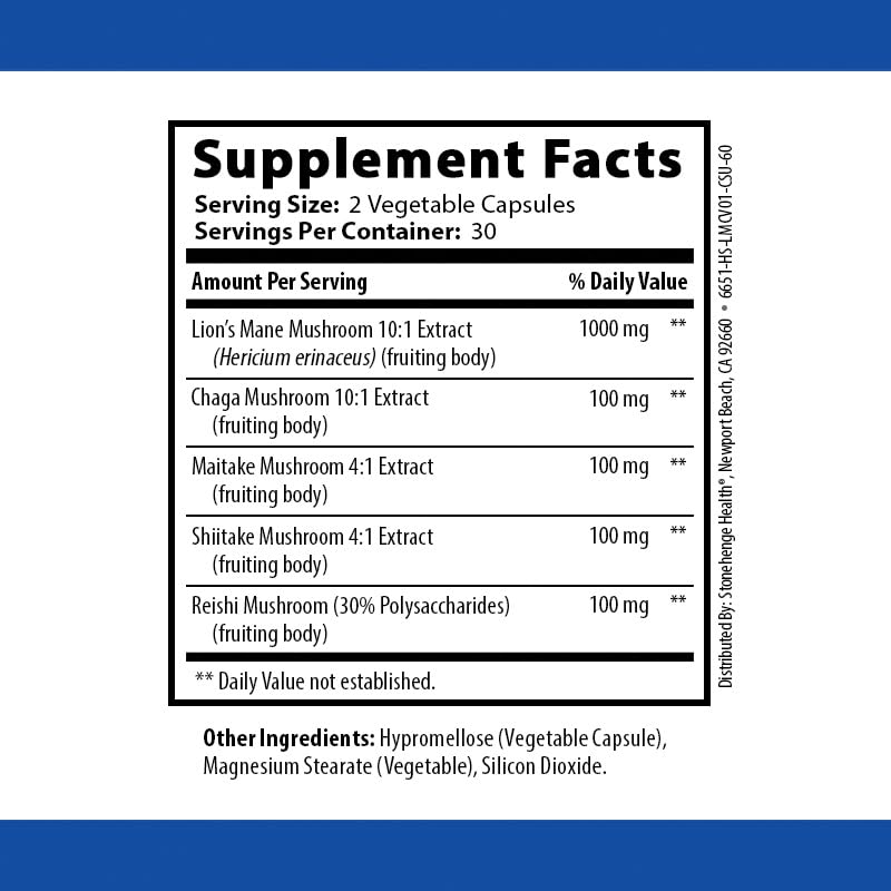 Stonehenge Dynamic Health Mushrooms 1,400 mg – 5 Mushroom Complex (Lion’s Mane, Reishi, Chaga, Maitake, Shiitake) – 60 Capsules