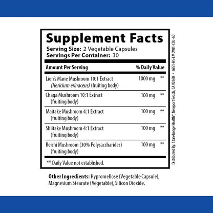 Stonehenge Dynamic Health Mushrooms 1,400 mg – 5 Mushroom Complex (Lion’s Mane, Reishi, Chaga, Maitake, Shiitake) – 60 Capsules