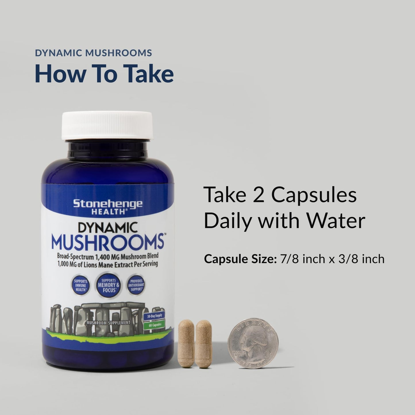 Stonehenge Dynamic Health Mushrooms 1,400 mg – 5 Mushroom Complex (Lion’s Mane, Reishi, Chaga, Maitake, Shiitake) – 60 Capsules