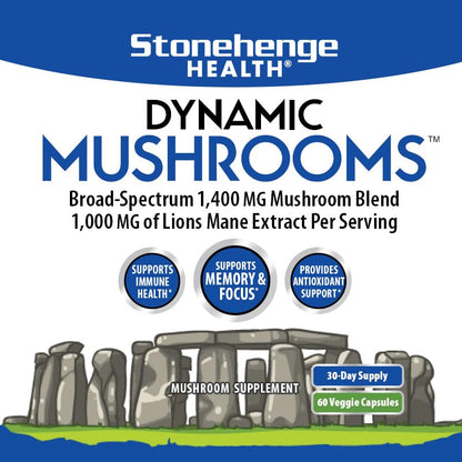 Stonehenge Dynamic Health Mushrooms 1,400 mg – 5 Mushroom Complex (Lion’s Mane, Reishi, Chaga, Maitake, Shiitake) – 60 Capsules