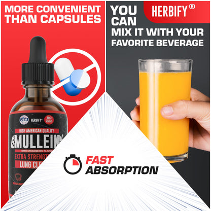 HERBIFY Mullein Drops - Lung Cleanse & Respiratory Support - Strawberry Flavor, 4 oz - Made in USA