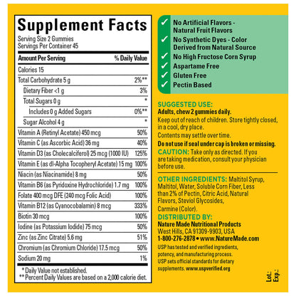 Nature Made Zero Sugar Multivitamin Gummies – 90 Count (45 Day) – Men & Women