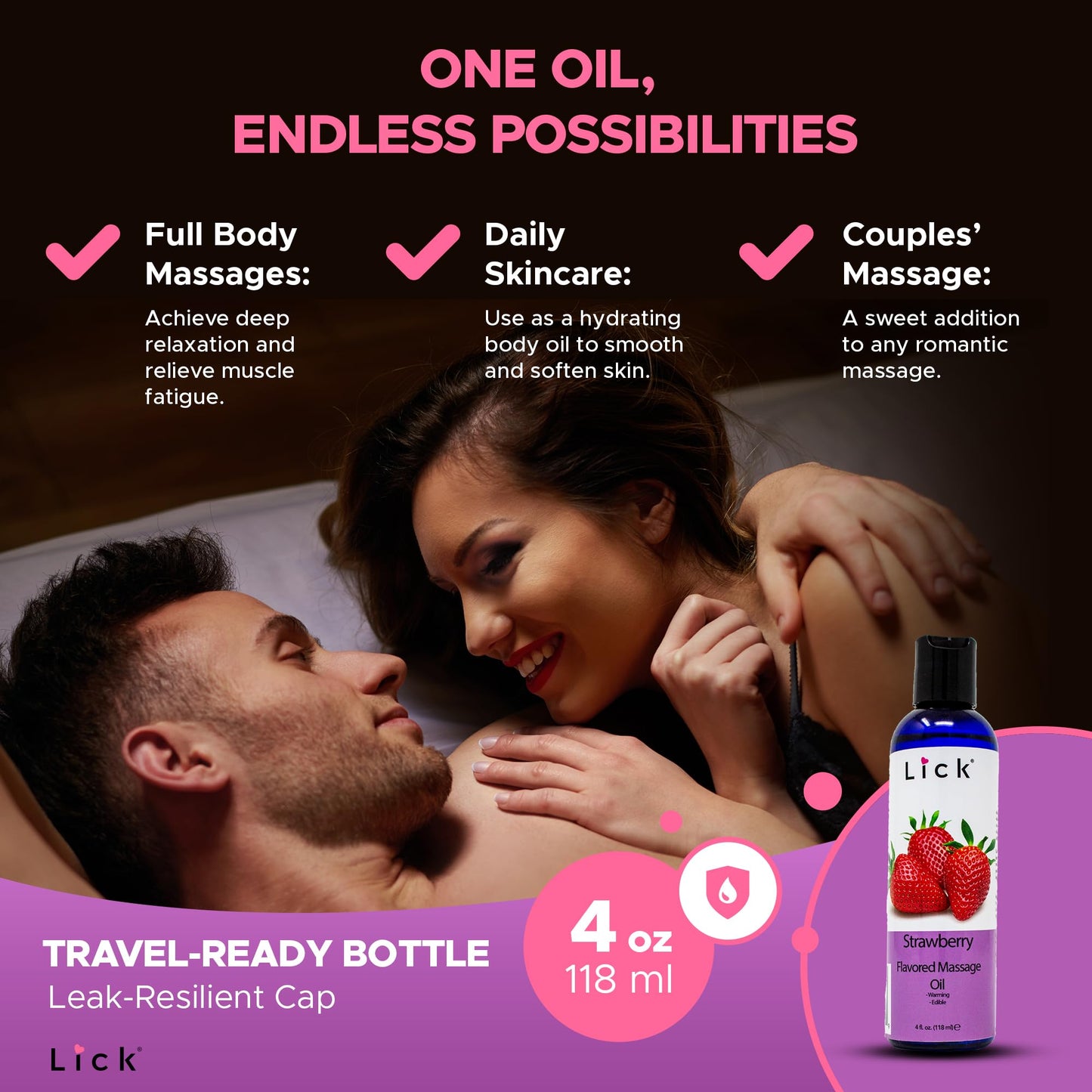 Lick Strawberry Massage Oil with Natural Vitamin E - Aromatherapy & Moisturizing 4 oz