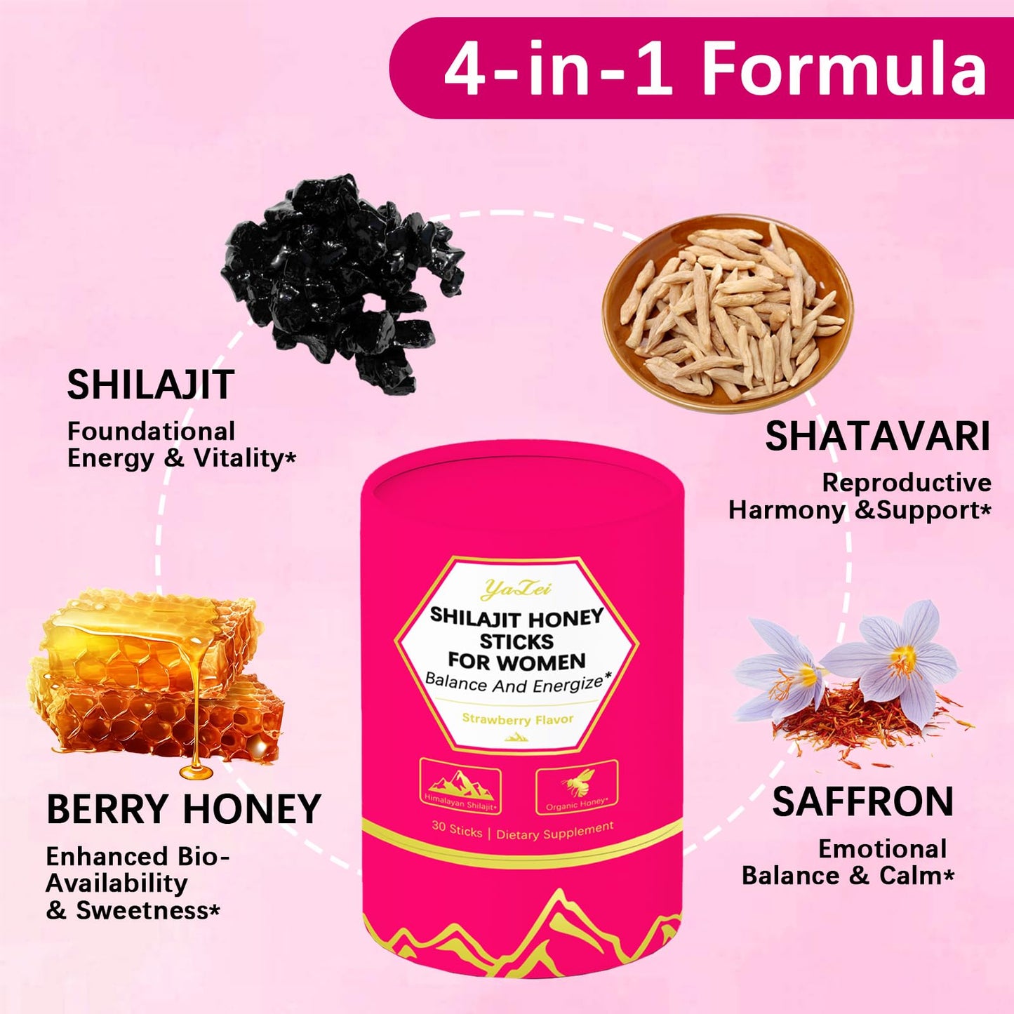 Strawberry Shilajit Honey Sticks for Women – Saffron, Shatavari Extract & Shilajit Resin, 30 Sticks, Energy & Hormone Balance