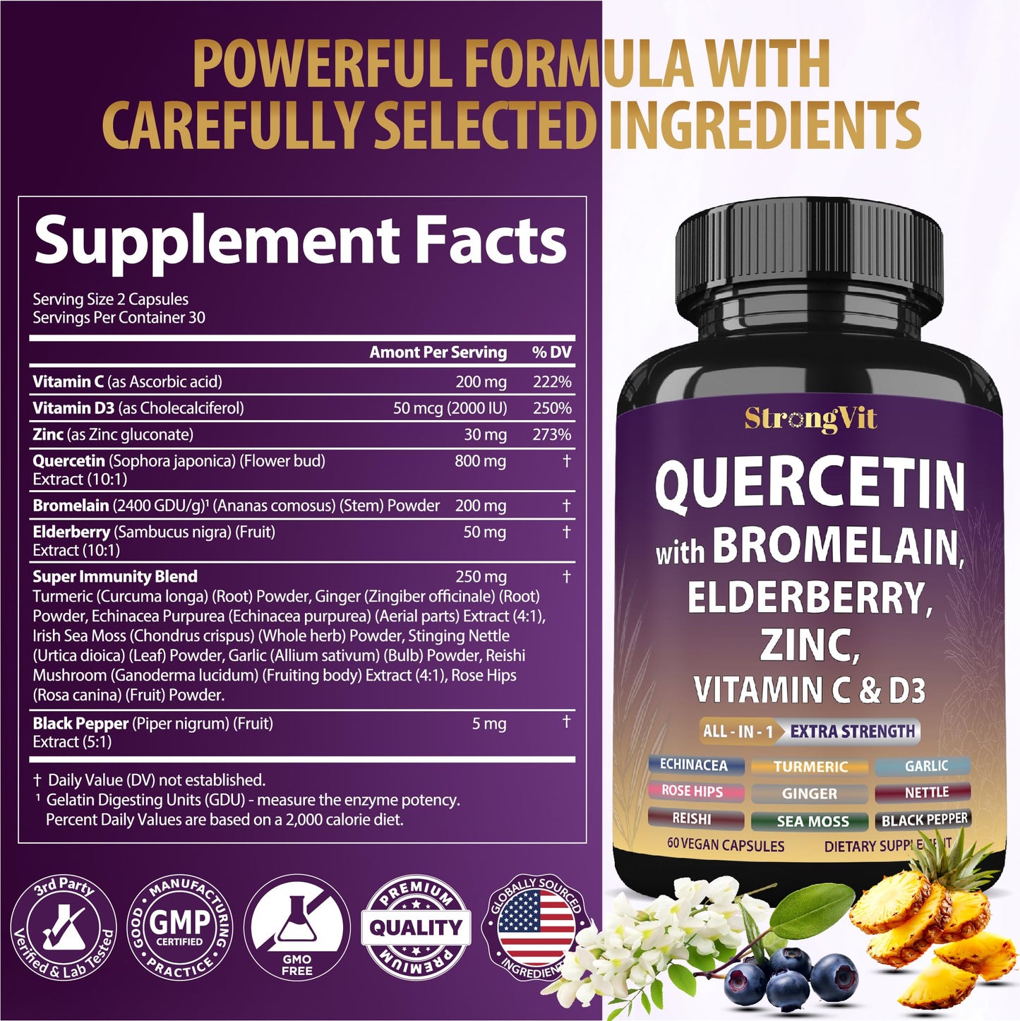 StrongVit Quercetin with Bromelain – Immune Support Supplement (Vegan, Non-GMO, Gluten-Free, USA)