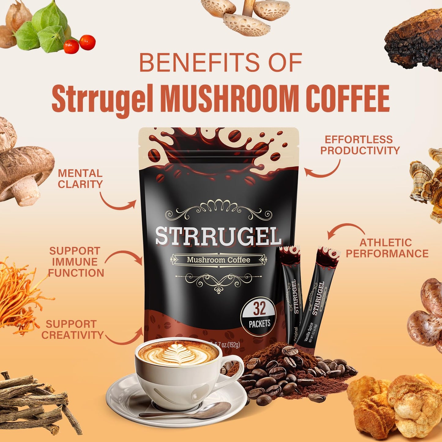 Strrugel Organic Mushroom Coffee with Lion’s Mane & Reishi – 32 Servings