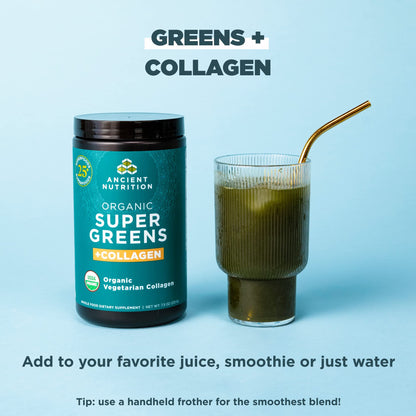 Ancient Nutrition Supergreens Powder – Organic Greens with Collagen, 25 Servings