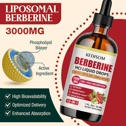 12-in-1 Berberine Liquid Drops – 2 Fl Oz, 3000mg Liposomal Berberine HCL with Cinnamon & Turmeric