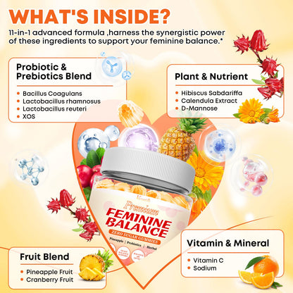 Sugar Free Feminine Balance Gummies for Women – Pineapple Flavor, pH Balance & Flora Support – Vegetarian Friendly – 60 Count