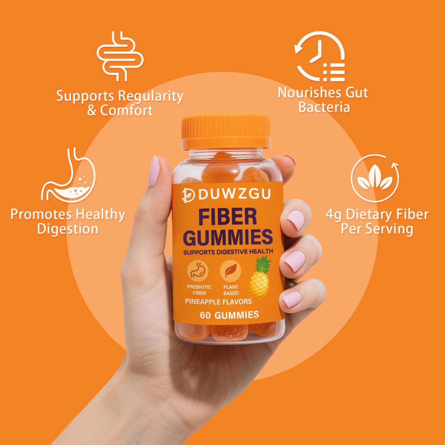 Sugar Free Fiber Gummies – 4g Fiber per Serving | Vegan & Gluten-Free | 60 Count