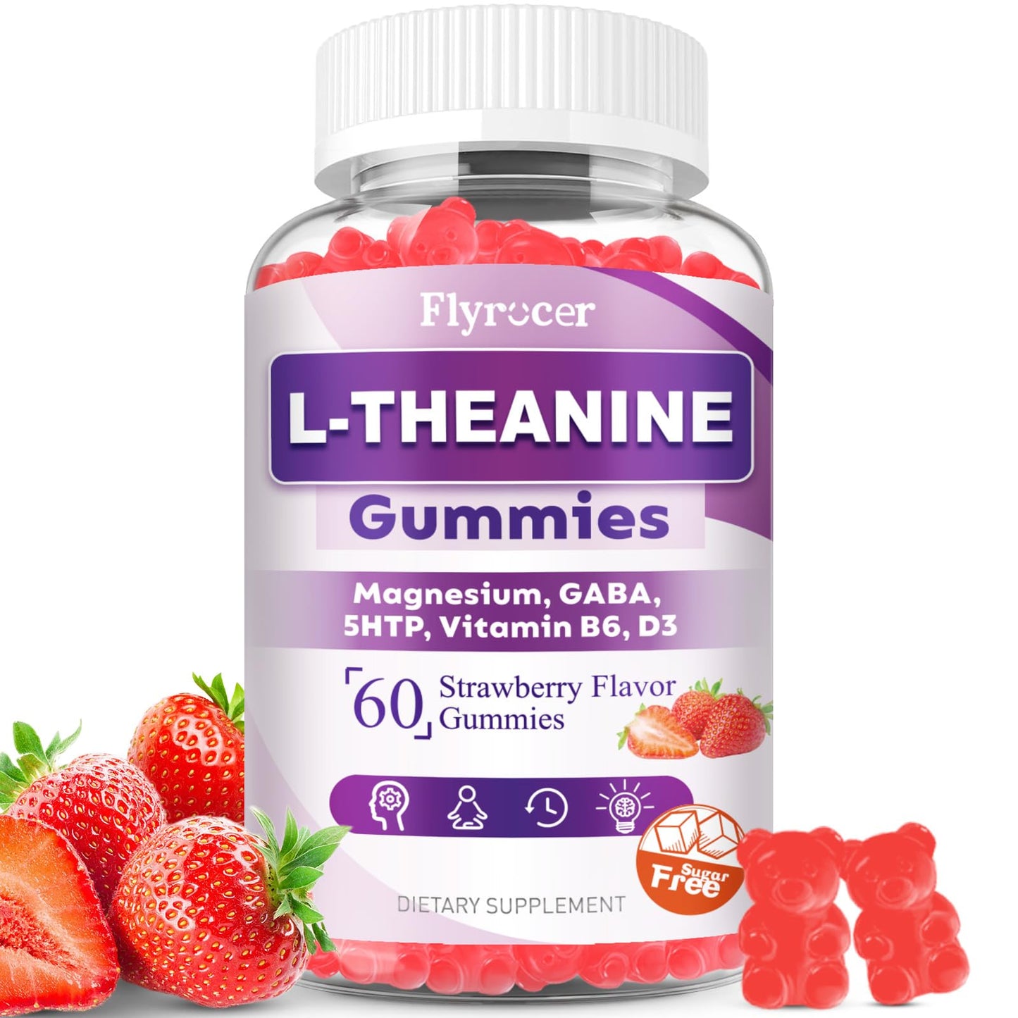 Sugar Free L-Theanine Gummies – 400mg (Ashwagandha, Magnesium, 5-HTP & GABA) – Vegan Strawberry | 60 Count