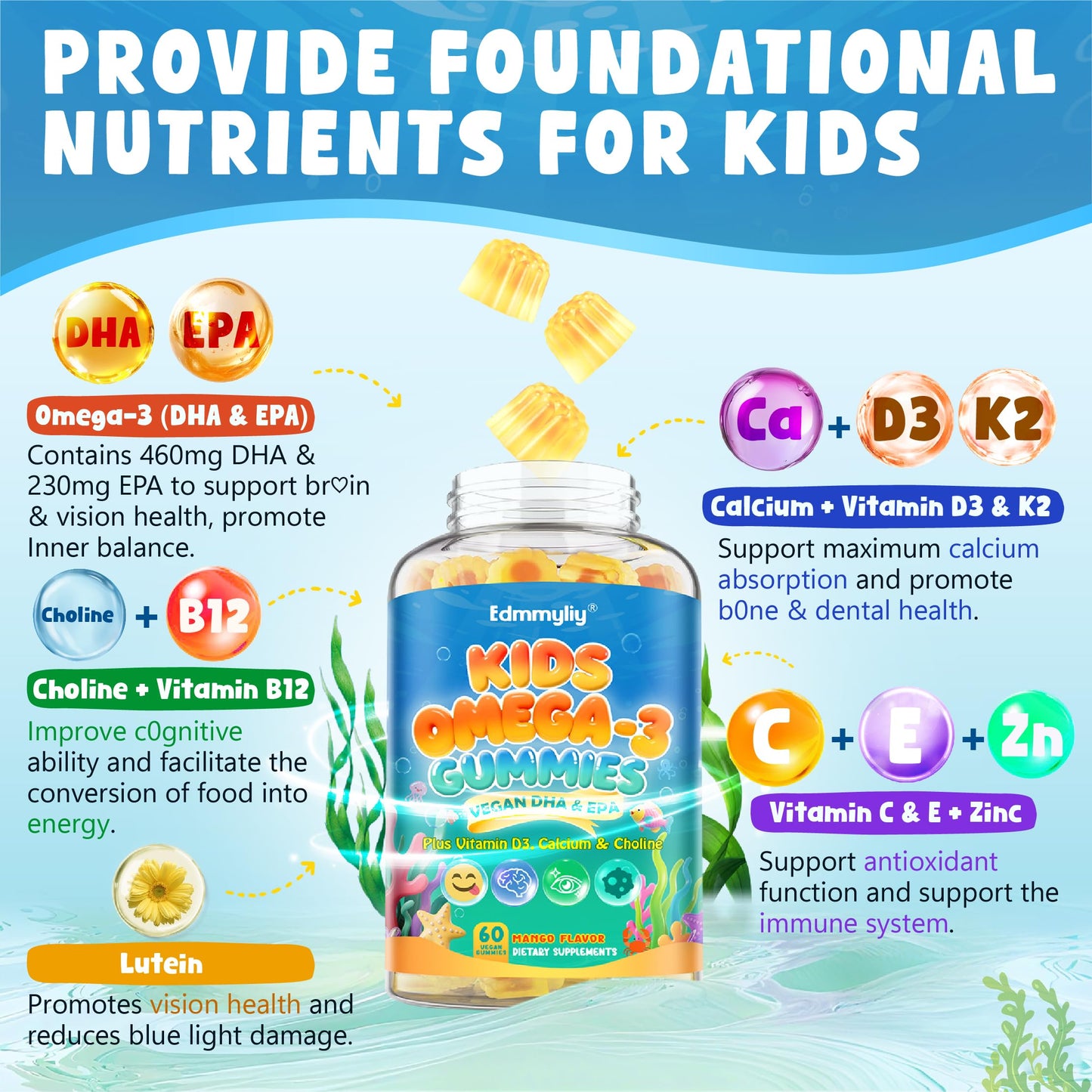 Kids Omega-3 Gummies - Algae DHA/EPA, D3, B12, Calcium, Zinc | Sugar-Free