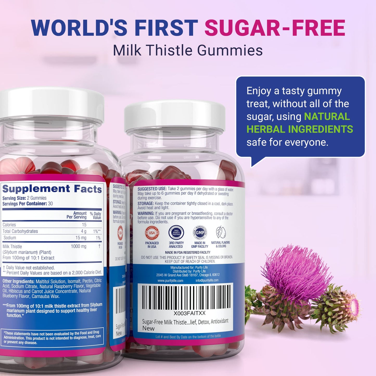 Sugar-Free Milk Thistle Gummies for Liver Detox & Repair – Blueberry-Raspberry Flavor (Vegan Cardo Mariano)