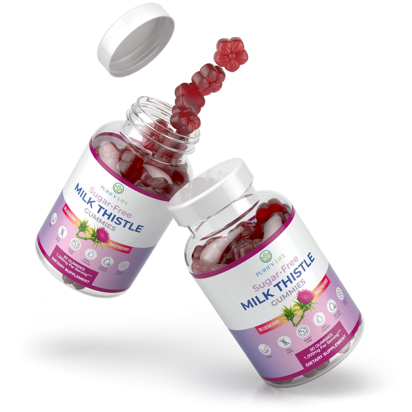 Sugar-Free Milk Thistle Gummies for Liver Detox & Repair – Blueberry-Raspberry Flavor (Vegan Cardo Mariano)