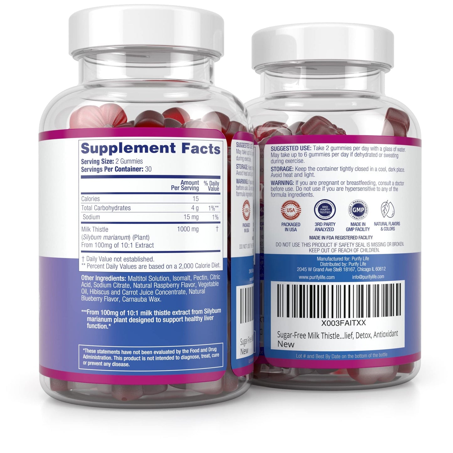 Sugar-Free Milk Thistle Gummies for Liver Detox & Repair – Blueberry-Raspberry Flavor (Vegan Cardo Mariano)