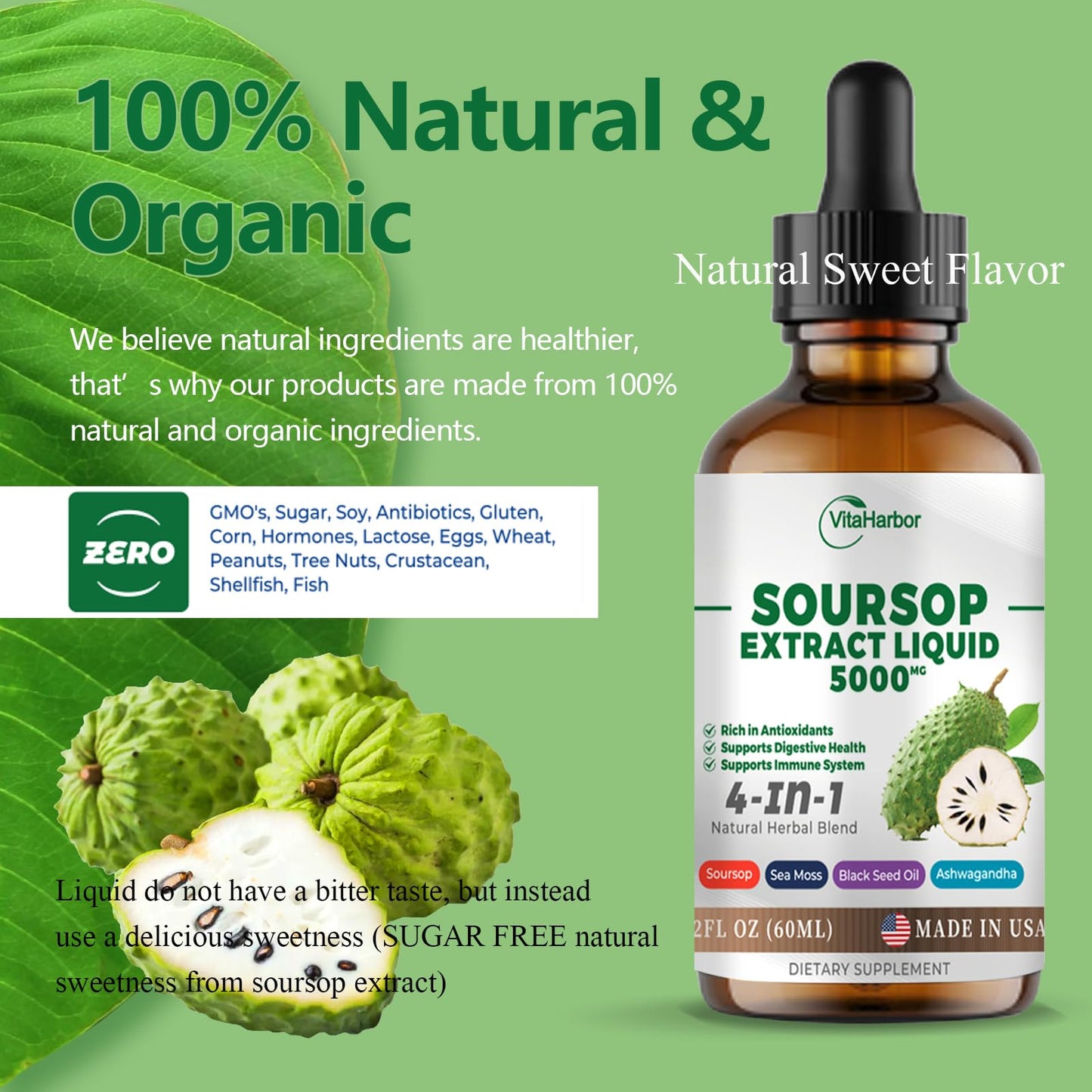4-in-1 Soursop Bitters Liquid – Sea Moss, Black Seed Oil & Ashwagandha for Immune & Digestive Support (2 oz) | Sugar-Free, Non-GMO, Vegan